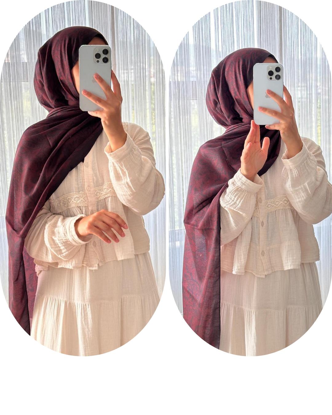 PAMUKLU VİNTAGE DESENLİ ŞAL -BORDO