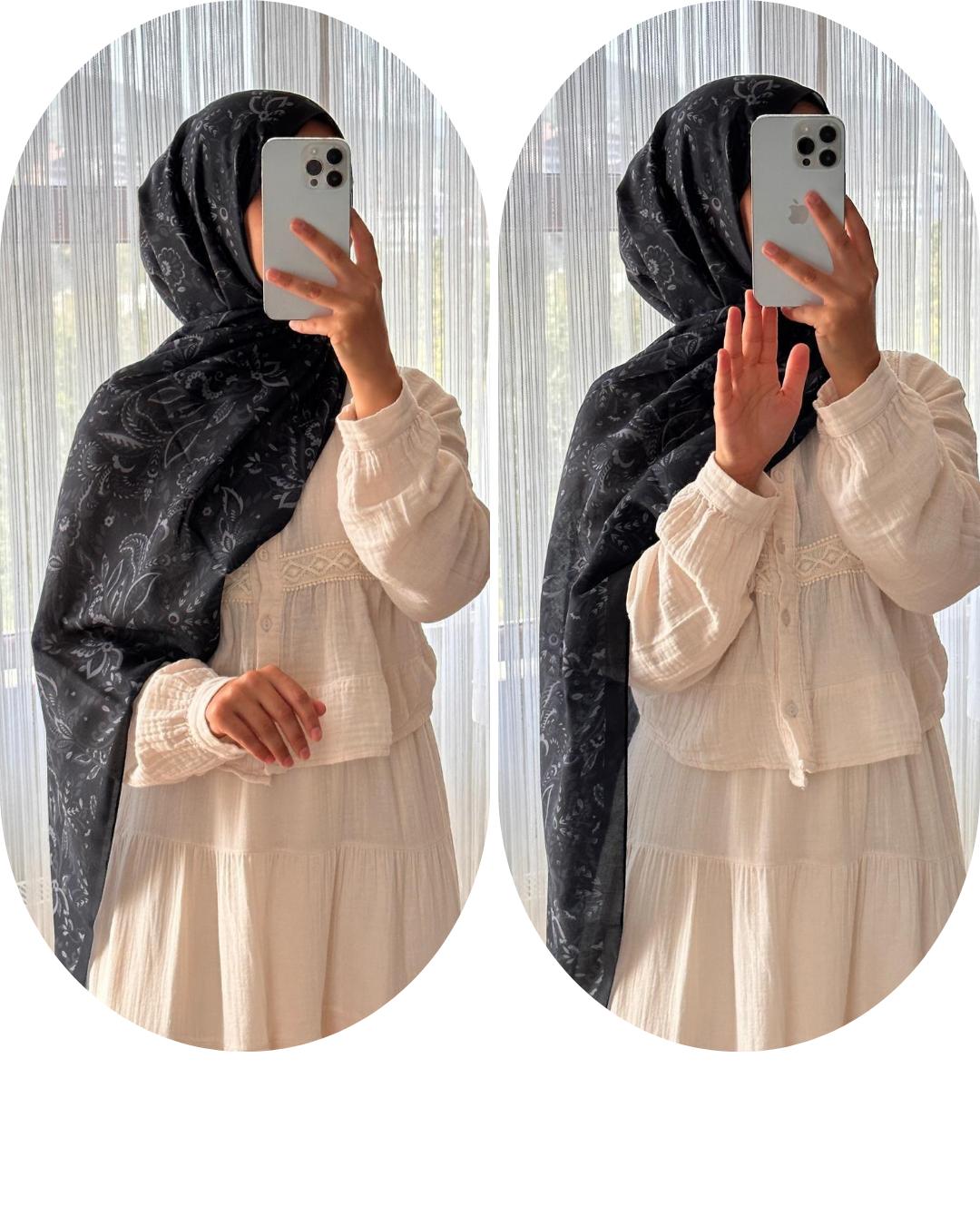 PAMUKLU VİNTAGE DESENLİ ŞAL -GECE SİYAHI