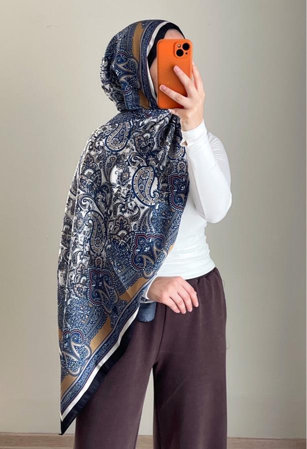 Pamuklu Etnik Desenli Şal- Lacivert Hardal