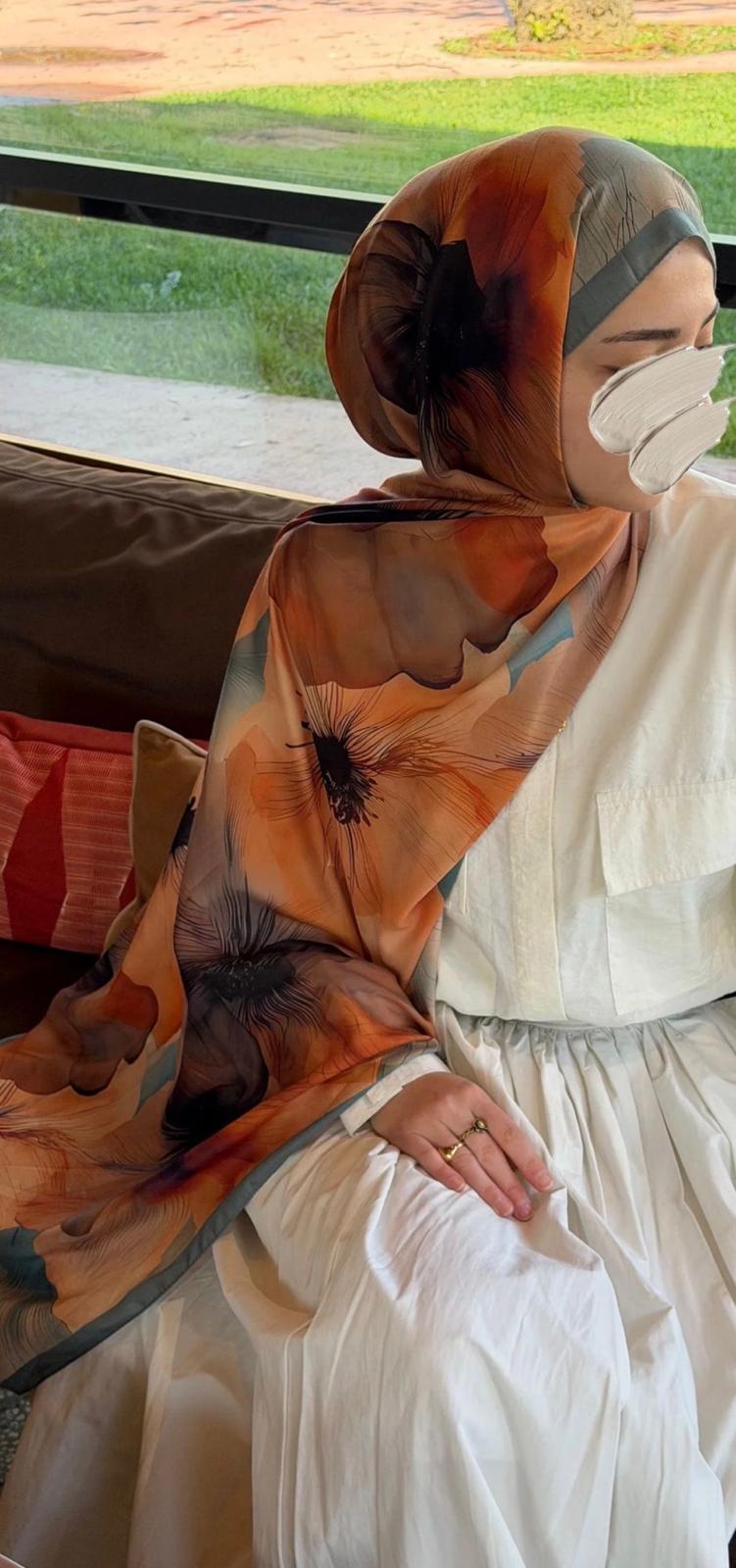 Pamuklu Vintage Desen Şal- Mint / Orange