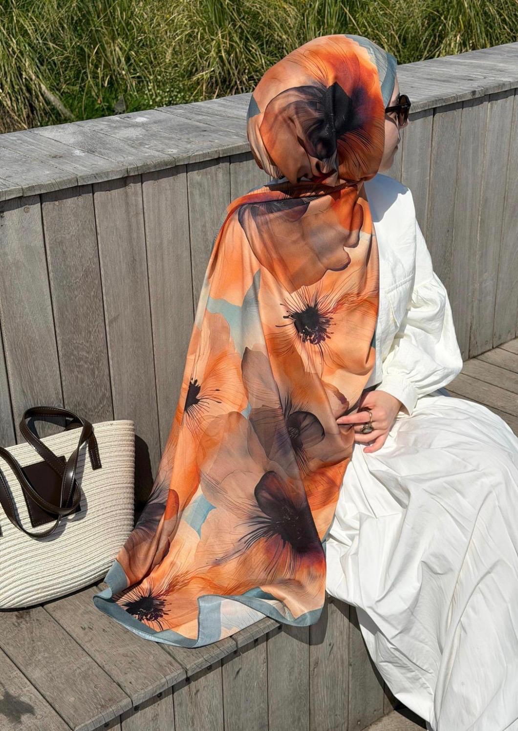 Pamuklu Vintage Desen Şal- Mint / Orange