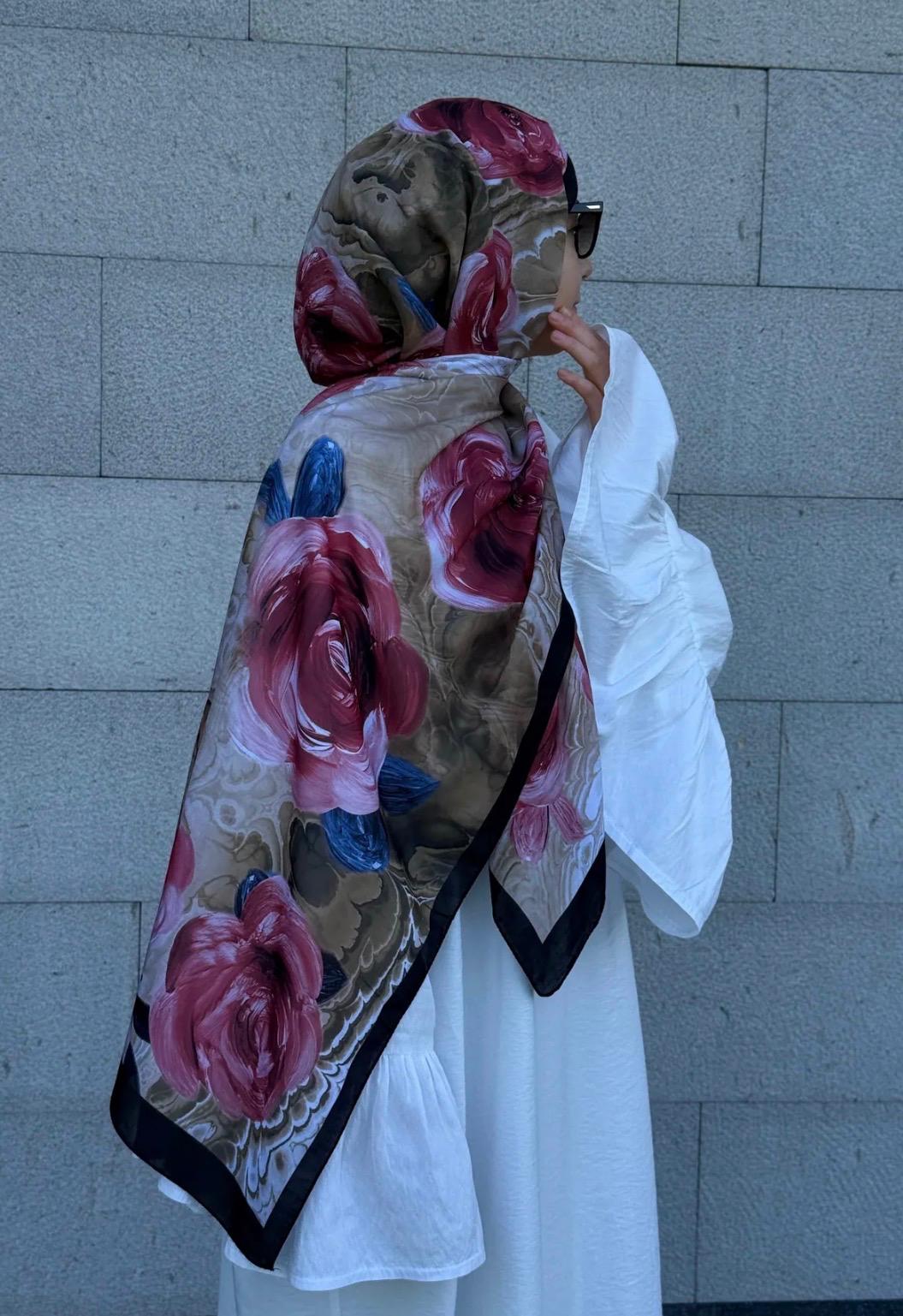 Pamuklu Rose Desen Şal-Gül Kurusu